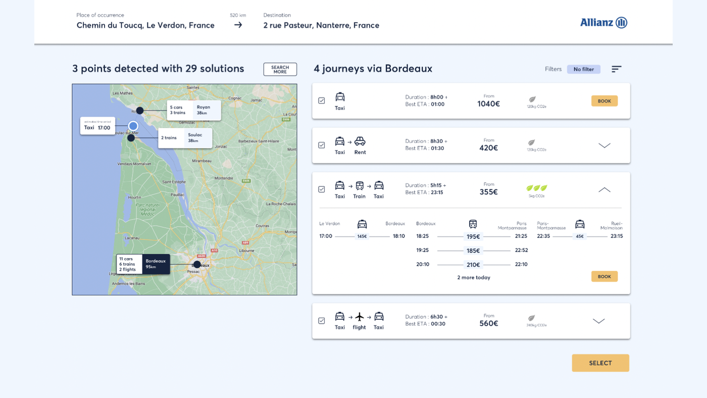 Mobility as a Service, the Allianz Partners booking screen